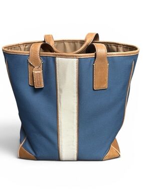 Vintage Coach Canvas & Leather Striped Tote Bag Blue Cream RARE